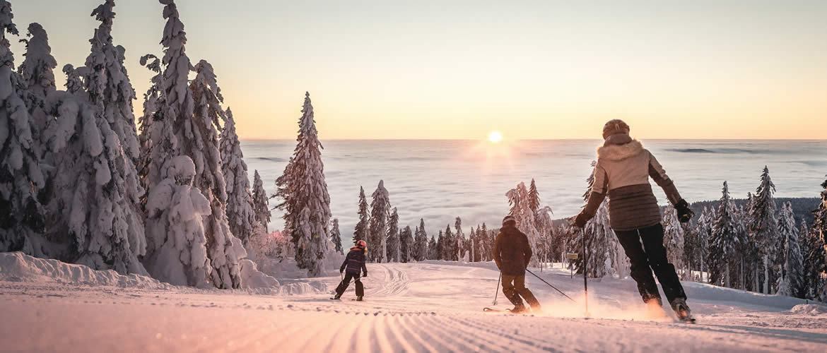 Skiareál Hochficht lyžování při západu slunce skiareal hochficht zapad slunce lyzari