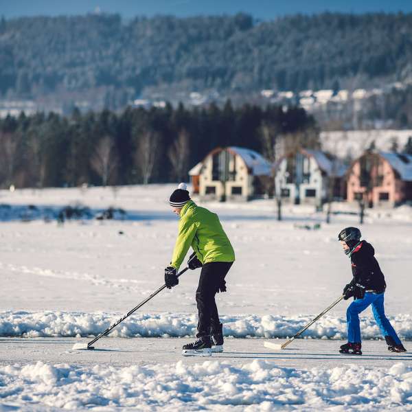 Děti hrají hokej na zamrzlém jezeře, v pozadí apartmány Landal Marina Lipno