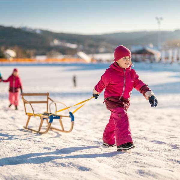 Maminka s holčičkami jdou se sáňkami