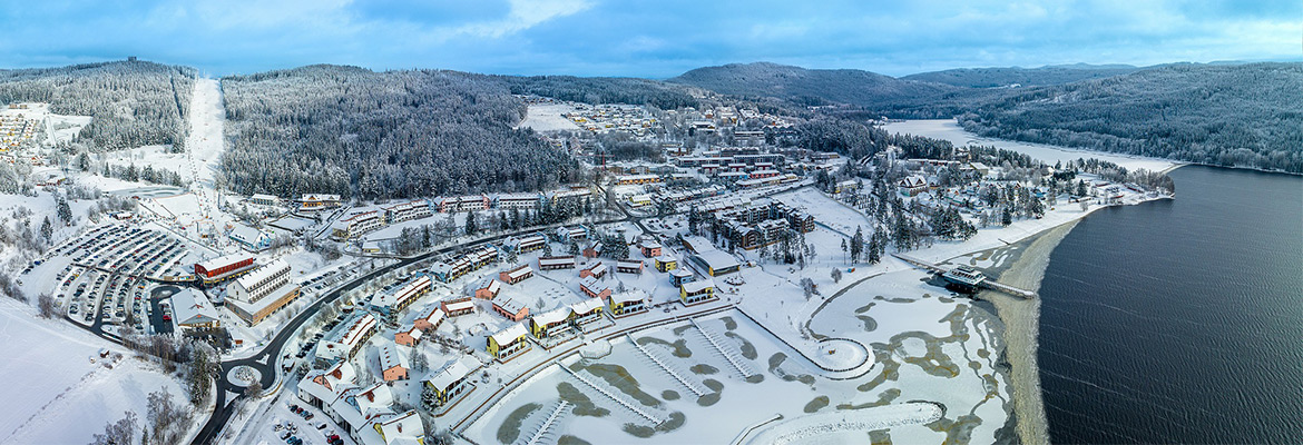 Zimní pohled na Lipno a Skiareál Lipno